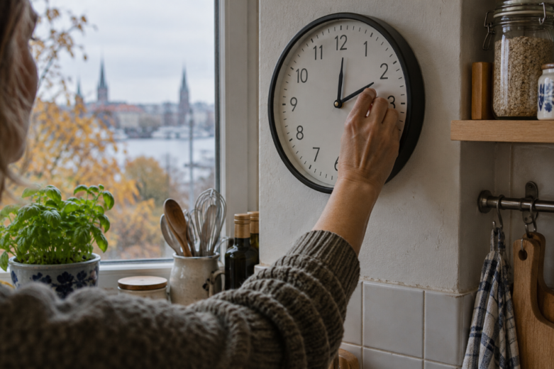 Eine Person verstellt die Zeiger einer runden Wanduhr in einer Küche. Durch das Fenster sind herbstliche Bäume und eine Stadtsilhouette zu sehen.